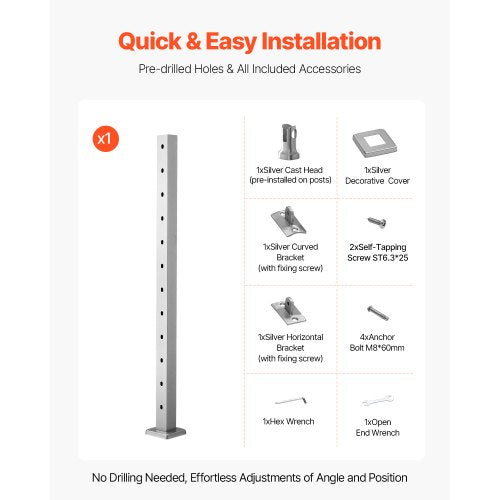 Cable Railing Post 42x2x2 Inch Stair Railing Post with PreDrilled 30°