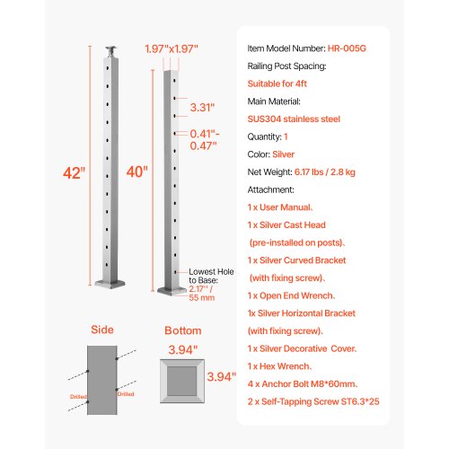 Cable Railing Post 42x2x2 Inch Stair Railing Post with PreDrilled 30°