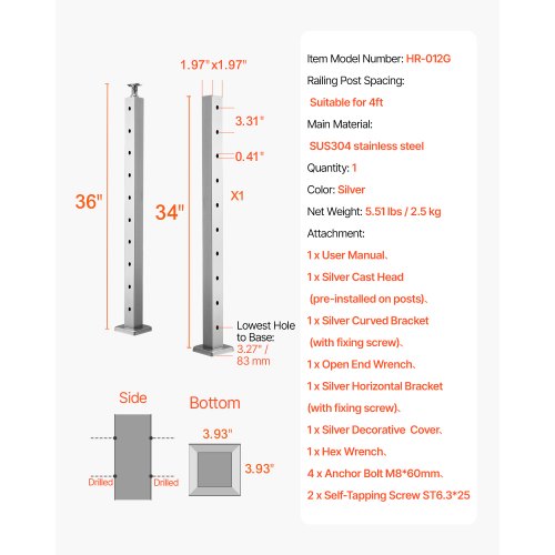 1Pack Cable Railing Post 36x2x2 In HorizontalHole Deck Railing Post
