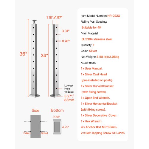 Cable Railing Post 36x1x2 Inch Level Deck Stair Posts 1Pack Stainless