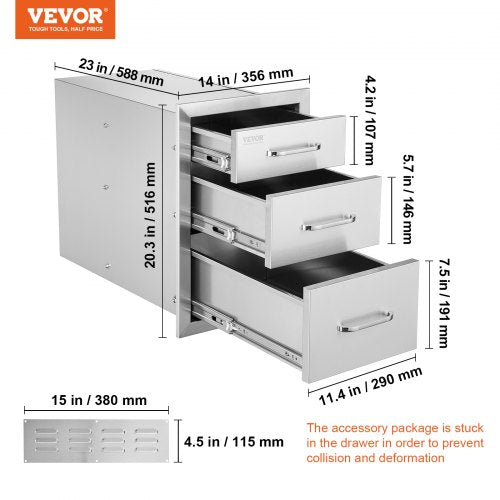 Outdoor Kitchen Drawers 14 W x 203 H x 23 D Flush Mount Triple Access