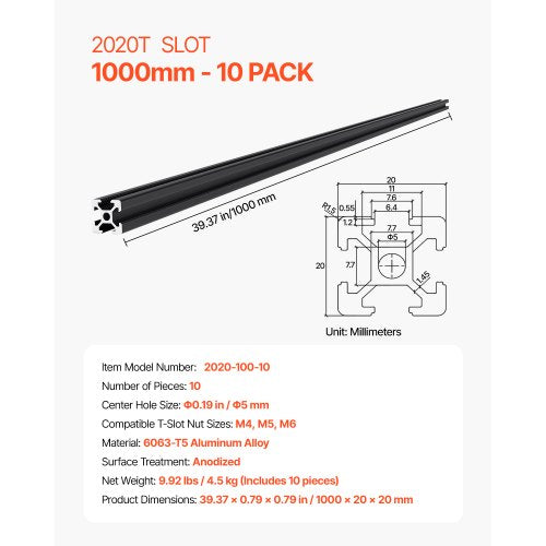 10PCS 394in 1000mm T Slot 2020 Aluminum Extrusion Profile European