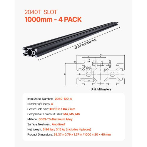 4PCS 39.4 in 1000mm T Slot 2040 Aluminum Extrusion Profile European