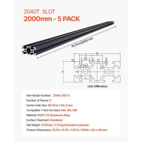 5PCS 78.7 in 2000mm T Slot 2040 Aluminum Extrusion Profile European