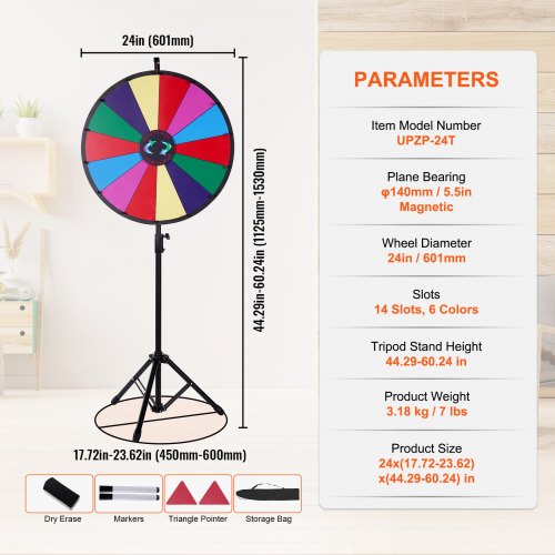 24 Inch Tabletop Color Prize Wheel with Folding Tripod Floor Stand 14 Slots