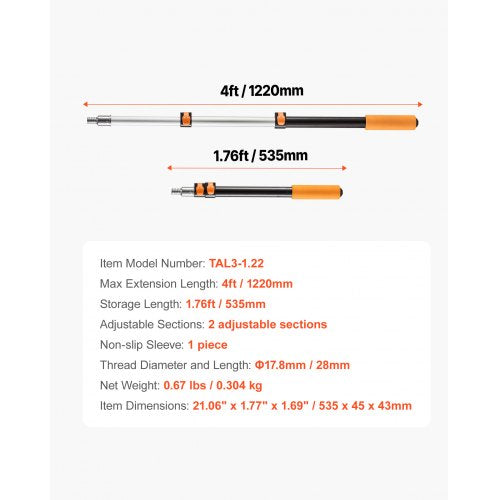 Telescopic Extension Pole 1.76-4 FT MultiPurpose Extendable Pole Sturdy