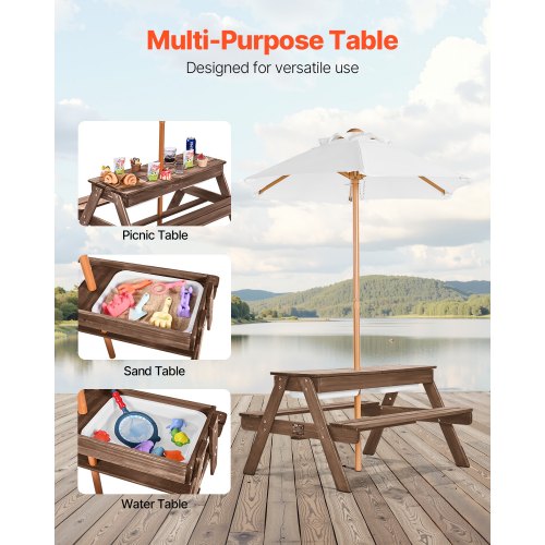 Kids Picnic Table with Umbrella 3in1 Sand Water Table Outdoor Wooden