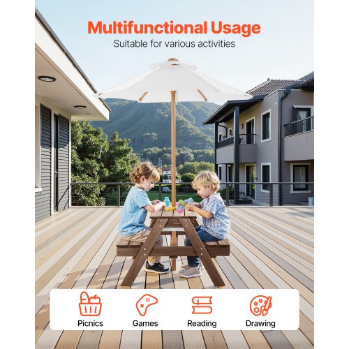 Kids Picnic Table with Umbrella 3in1 Sand Water Table Outdoor Wooden