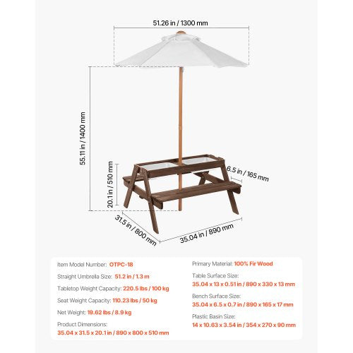 Kids Picnic Table with Umbrella 3in1 Sand Water Table Outdoor Wooden