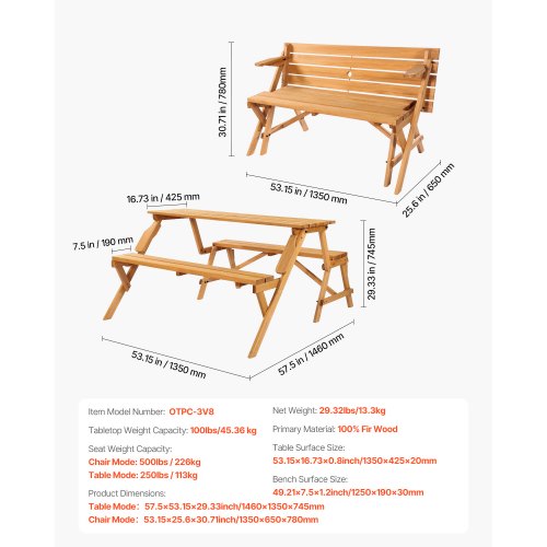 2in1 Transforming Interchangeable Picnic Table Outdoor Wooden Table and Bench