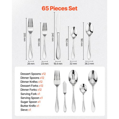 65Piece Silverware Set FoodGrade Stainless Steel Flatware Utensils