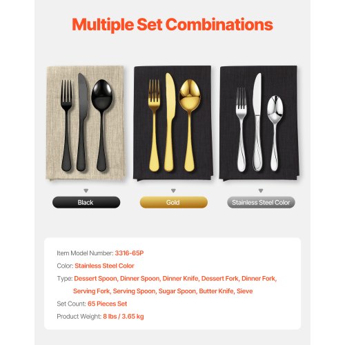 65Piece Silverware Set FoodGrade Stainless Steel Flatware Utensils