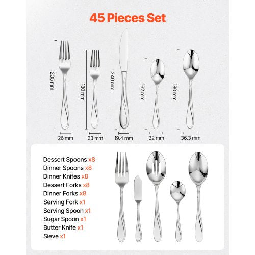 45Piece Silverware Set FoodGrade Stainless Steel Flatware Utensils
