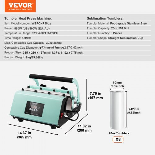Tumbler Heat Press Machine and Sublimation Tumblers Tumbler Press Set with 8pcs