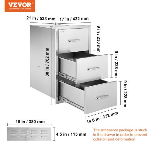 17W x 30H x 21D Inch Outdoor Kitchen Stainless Steel Double Access Drawers