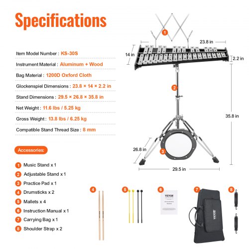 30 Note Glockenspiel Xylophone Bell Kit Professional Percussion Instrument