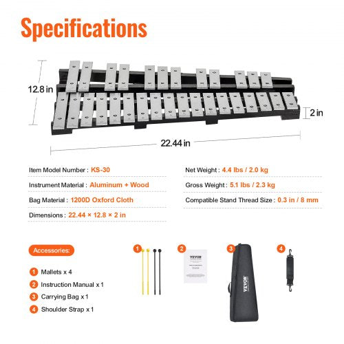 30 Note Glockenspiel Xylophone Bell Kit Percussion Instrument with Mallets