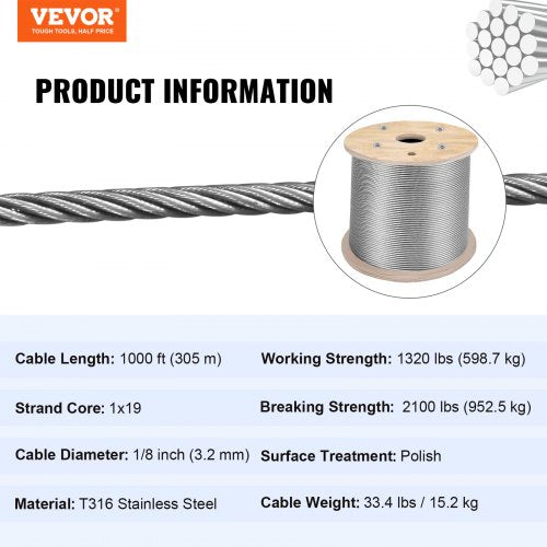 T316 1x19 Stainless Steel Cable 18 Cable Rail Wire Rope Aircraft Cable 984FT