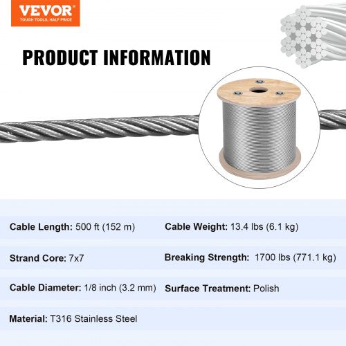 T316 Stainless Steel Cable 18 7x7 Steel Wire Rope Cable 500FT Cable