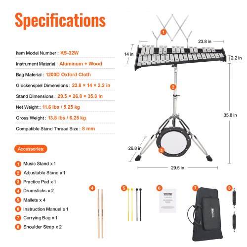 32 Note Glockenspiel Xylophone Bell Kit Professional Percussion Instrument