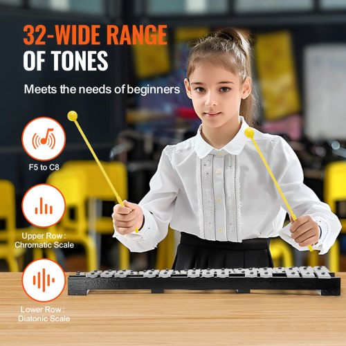 32 Note Glockenspiel Xylophone Bell Kit Percussion Instrument with Mallets