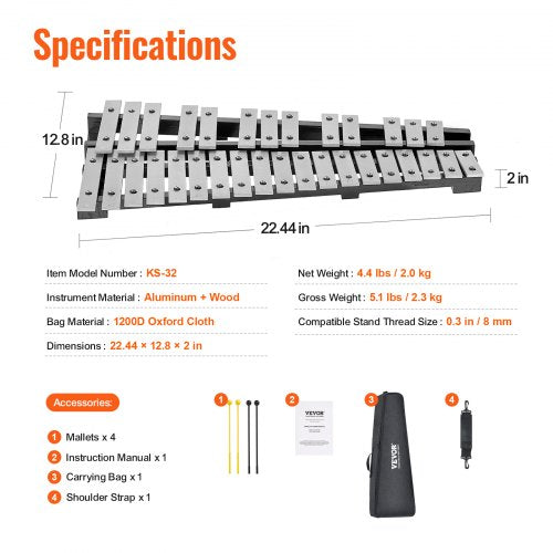 32 Note Glockenspiel Xylophone Bell Kit Percussion Instrument with Mallets