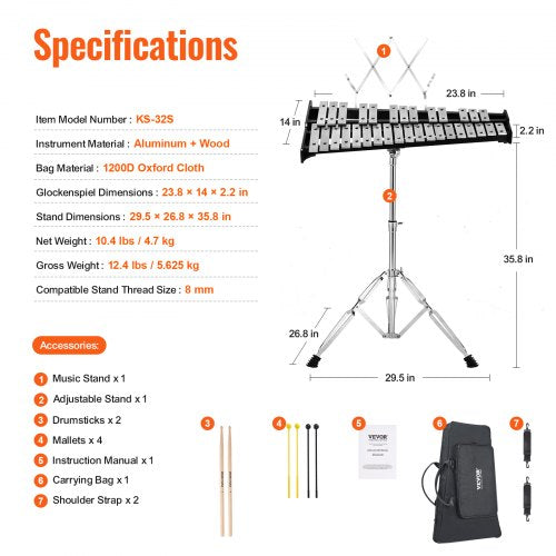 32 Note Glockenspiel Xylophone Bell Kit Professional Percussion Instrument