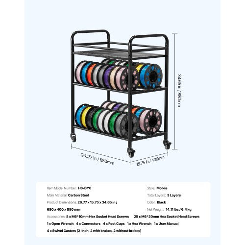 3D Printer Filament Storage Rack 3 Tier Heavy Duty Storage Shelf Rolling