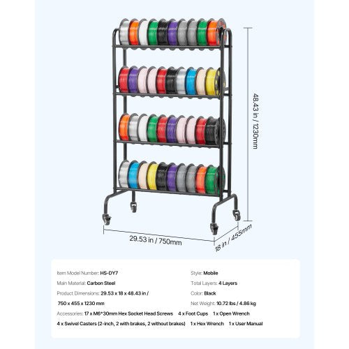 3D Printer Filament Storage Rack 4 Tier Heavy Duty Storage Shelf Rolling