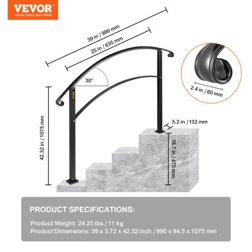 Handrails for Outdoor Steps Fit 1 or 3 Steps Outdoor Stair Railing Black