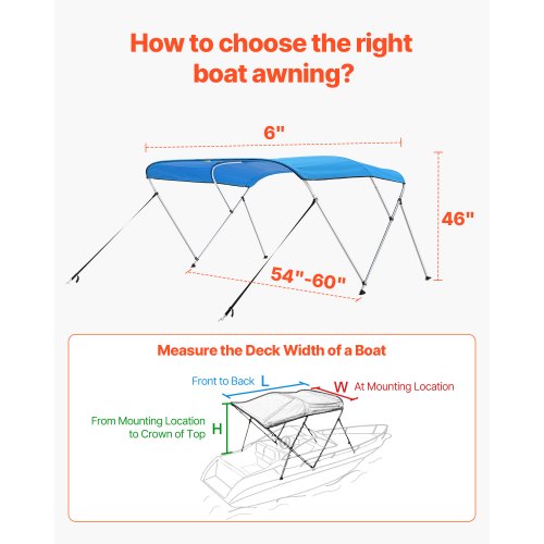 3 Bow Boat Bimini Tops 600D Polyester Canopy with Aluminum Alloy Frame