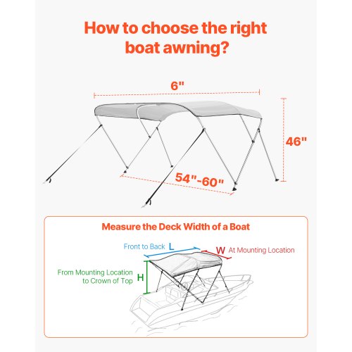 3 Bow Boat Bimini Tops 600D Polyester Canopy with Aluminum Alloy Frame