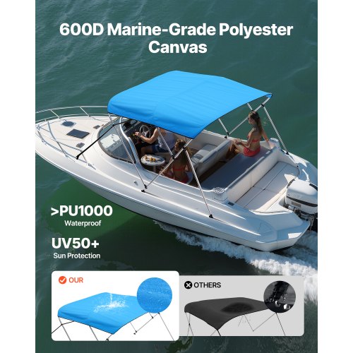 3 Bow Boat Bimini Tops 600D Polyester Canopy with Aluminum Alloy Frame