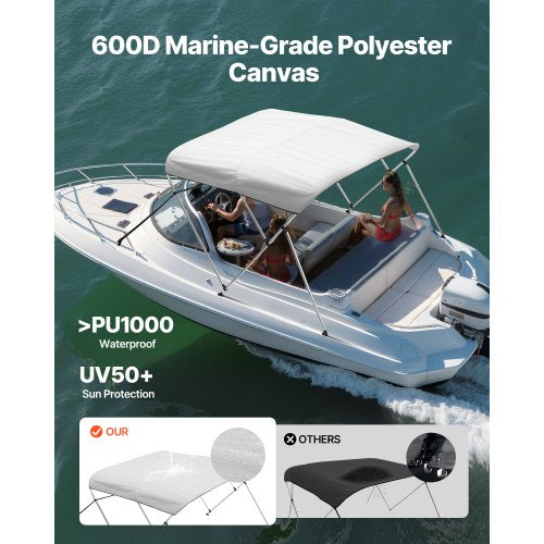 3 Bow Boat Bimini Tops 600D Polyester Canopy with Aluminum Alloy Frame