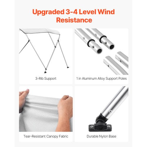 3 Bow Boat Bimini Tops 600D Polyester Canopy with Aluminum Alloy Frame