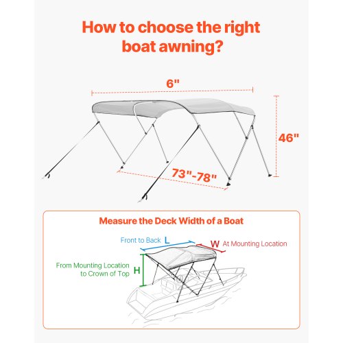 3 Bow Boat Bimini Tops 600D Polyester Canopy with Aluminum Alloy Frame