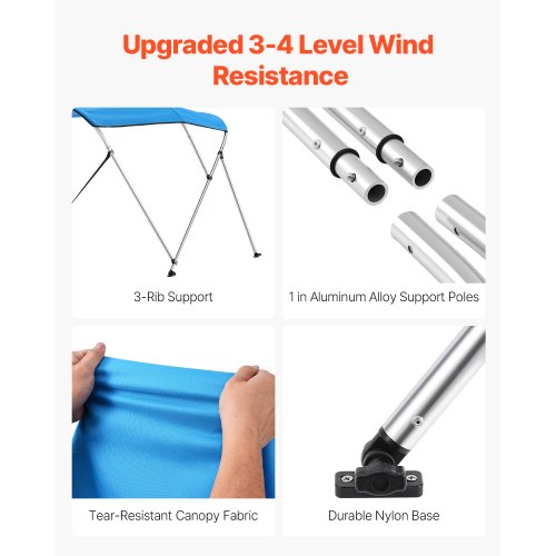 3 Bow Boat Bimini Tops 600D Polyester Canopy with Aluminum Alloy Frame