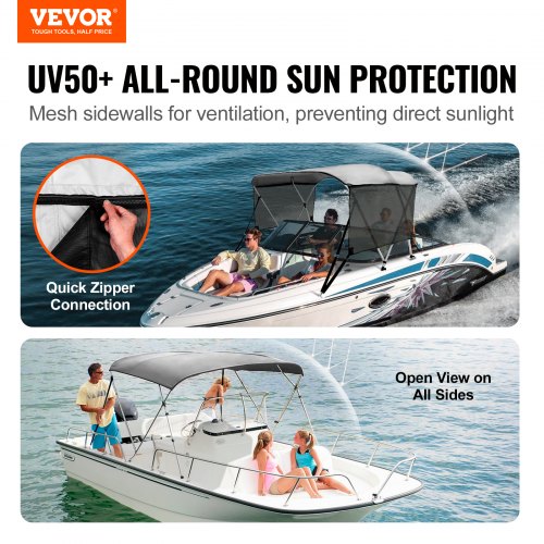 3 Bow Bimini Top Boat Cover Detachable Mesh Sidewalls 600D Polyester