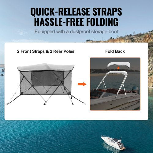 3 Bow Bimini Top Boat Cover Detachable Mesh Sidewalls 600D Polyester