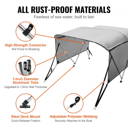3 Bow Bimini Top Boat Cover Detachable Mesh Sidewalls 600D Polyester
