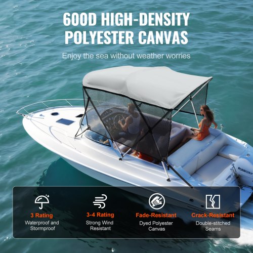 3 Bow Bimini Top Boat Cover Detachable Mesh Sidewalls 600D Polyester