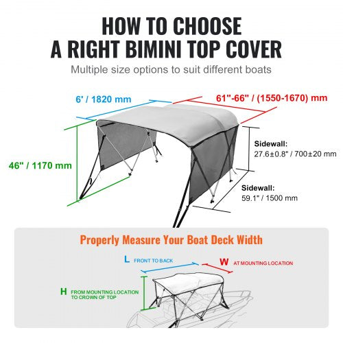 3 Bow Bimini Top Boat Cover Detachable Mesh Sidewalls 600D Polyester