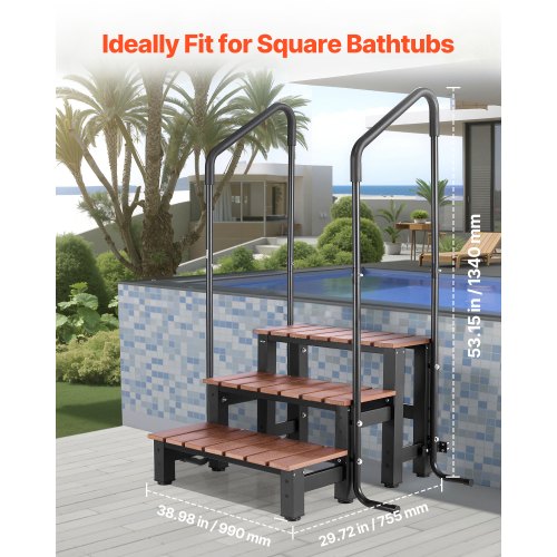 Hot Tub Steps with Handrail 3Step Spa Outdoor Stairs Heavy Duty 25.2 inch