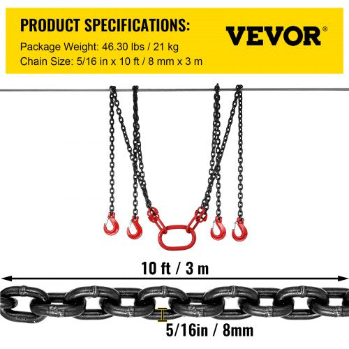 Chain Sling 516 inch x 10 ft Lifting Chains with Hooks G80 Engine Chain