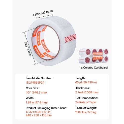 Clear Packing Tape 3 inches Core 24 Rolls 188 Inches x 65 Yards Packing