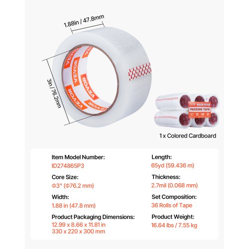 Clear Packing Tape 3 inches Core 36 Rolls 188 Inches x 65 Yards Packing