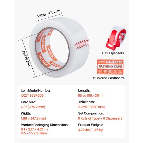 Clear Packing Tape 3 inches Core 6 Rolls 188 Inches x 65 Yards Packing