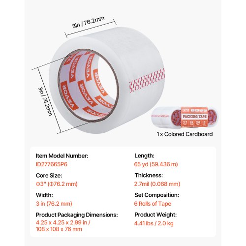 Clear Packing Tape 3 inches Core 6 Rolls 3 Inches x 65 Yards Packing