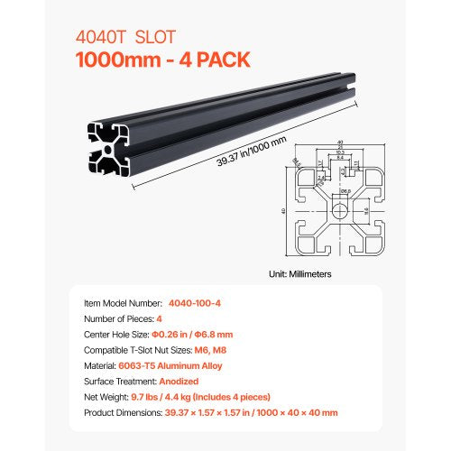 4PCS 39.4 in 1000mm T Slot 4040 Aluminum Extrusion Profile European
