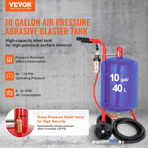 10Gal40L Sandblaster Equipped with Nozzle ShutOff Valve Pressure Gauge